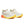 White running shoes with yellow soles on a white background