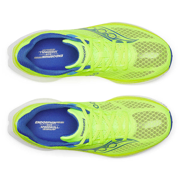 Bright green Saucony running shoes with a blue sockliner.