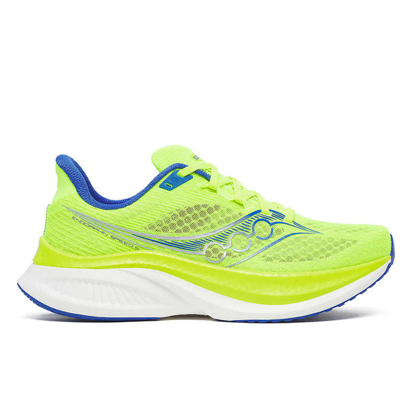 Neon green Saucony running shoe with blue accents on a white background.