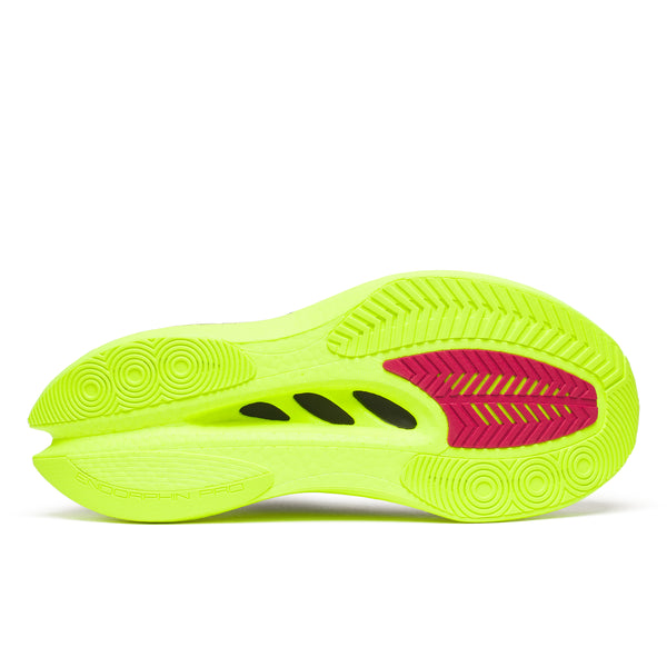 Neon green athletic shoe sole with pink and black accents on a white background