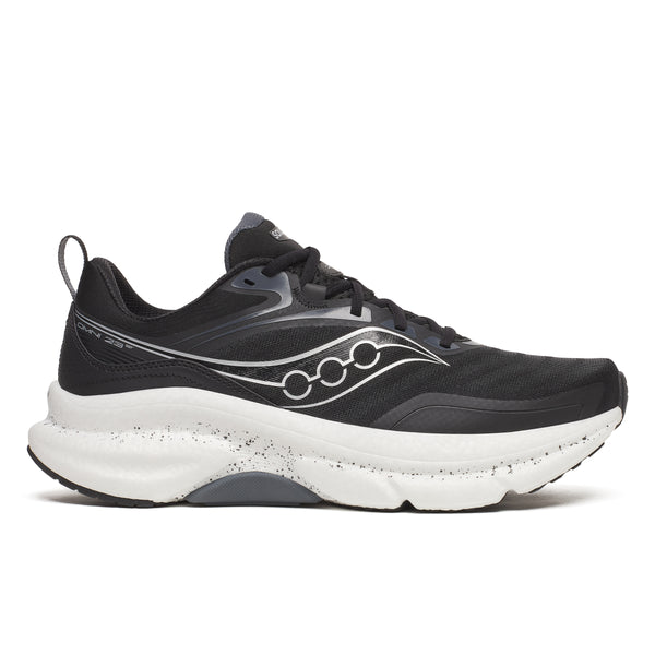 Black running shoe with white sole on a white background