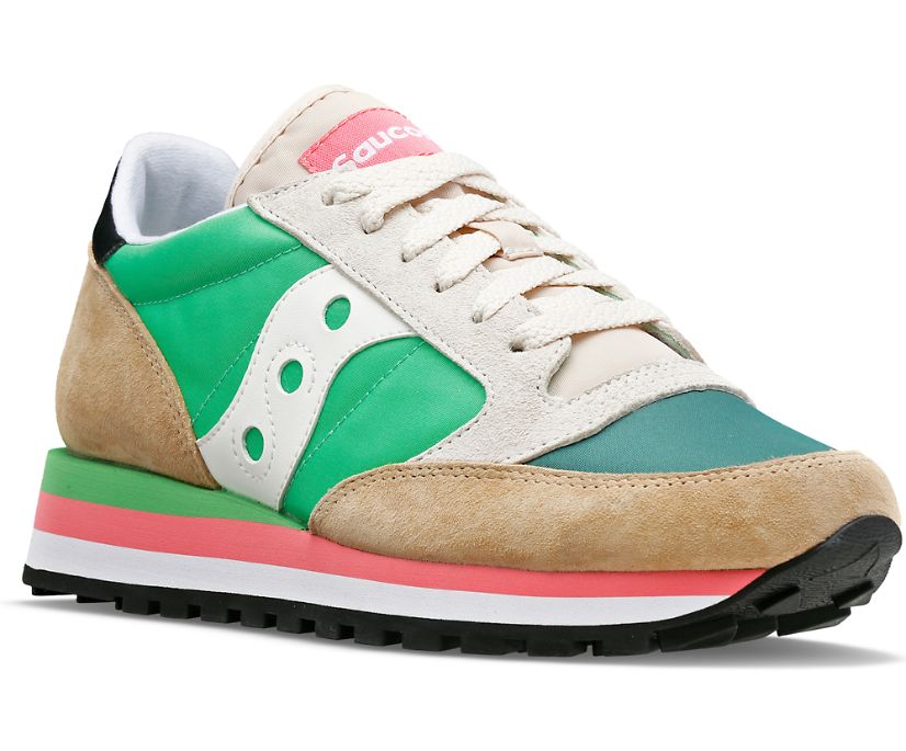 Front angle  view of the Women's Jazz Triple by Saucony in the color Sand/Green/White