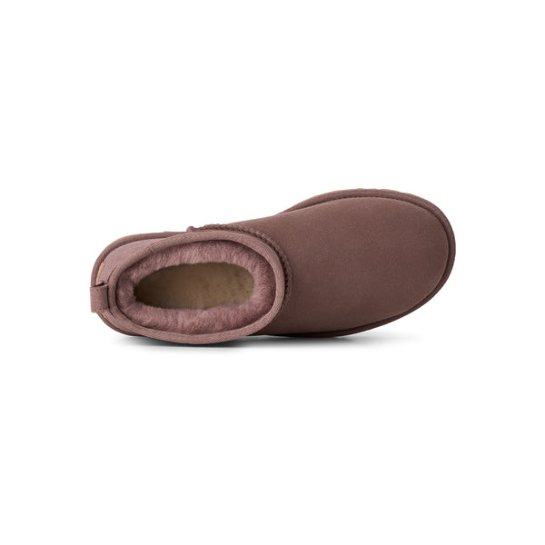 Mauve ankle length slipper boot on a white background