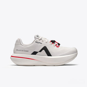White running shoe with red and black accents on a white background