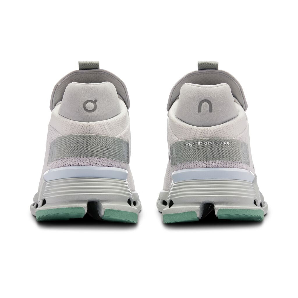 The heel of the mid-height On Cloudnova as half the logo on the left shoe and the other half on the right shoe