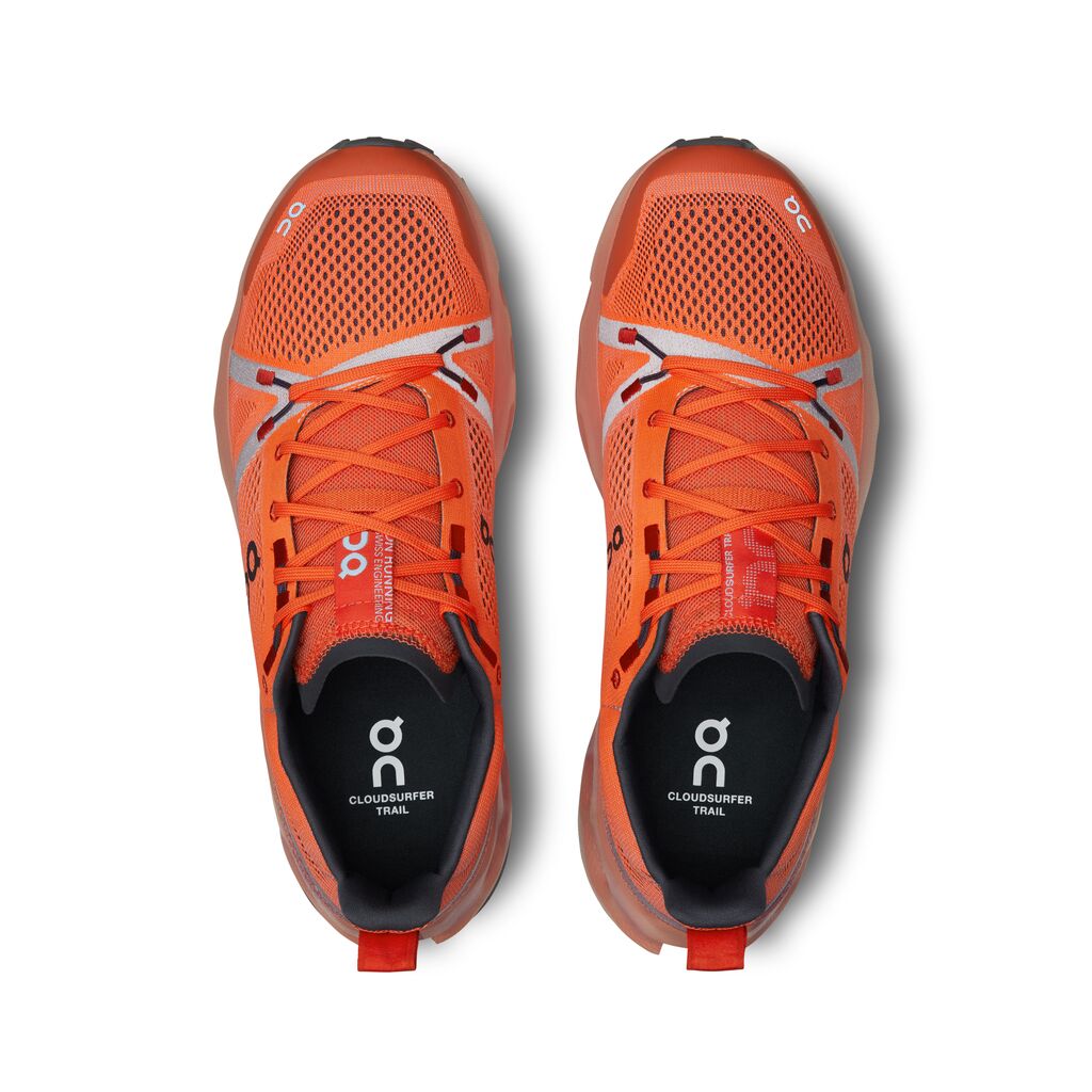 The shoe laces of thie Cloudsurfer Trail are orange and perfectly match the color of the upper