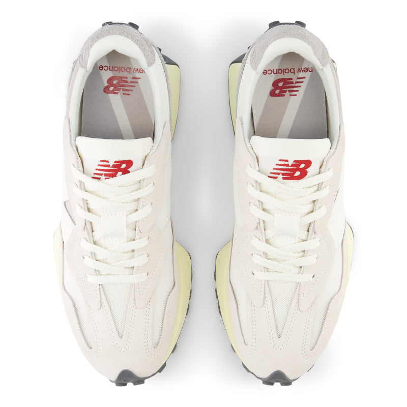 The top down view of the 327 provides a look at teh angular shape of the flared midsole