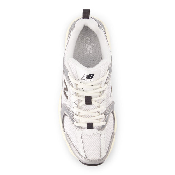 White and gray sneaker with New Balance logo on a white background