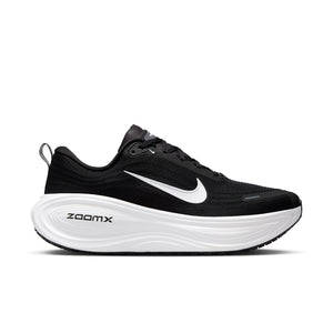 Men's Vomero Plus black running shoe with white Nike logo on a white background.