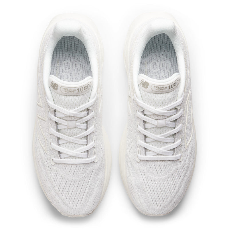 When looking at the pair of women's new balance 1080's from above the shoes are all white with the slight exception of a NB logo on the top of the tongue 