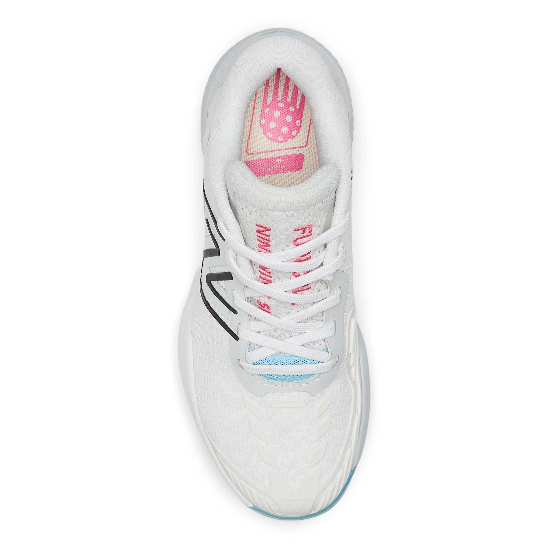 Top view of the Women's Fuel Cell 996 V5 New Balance Pickleball shoe in White with grey and team red