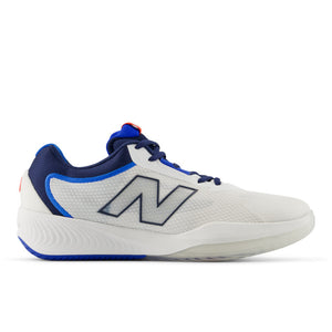 A women's tennis shoe with a white base color and blue accents, featuring the New Balance logo on the side.