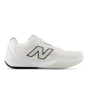 A white New Balance FuelCell 996 V6 running shoe with black accents and the brand's logo on the sole.