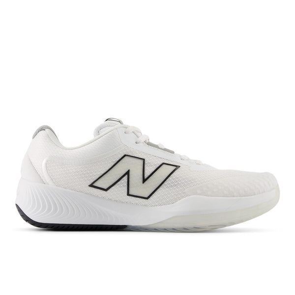 A white New Balance FuelCell 996 V6 running shoe with black accents and the brand's logo on the sole.