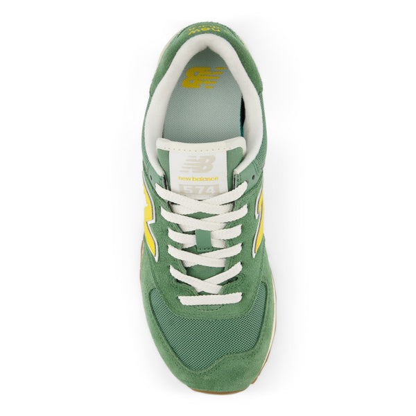 The top down view of this 574 shows the all green upper with white laces