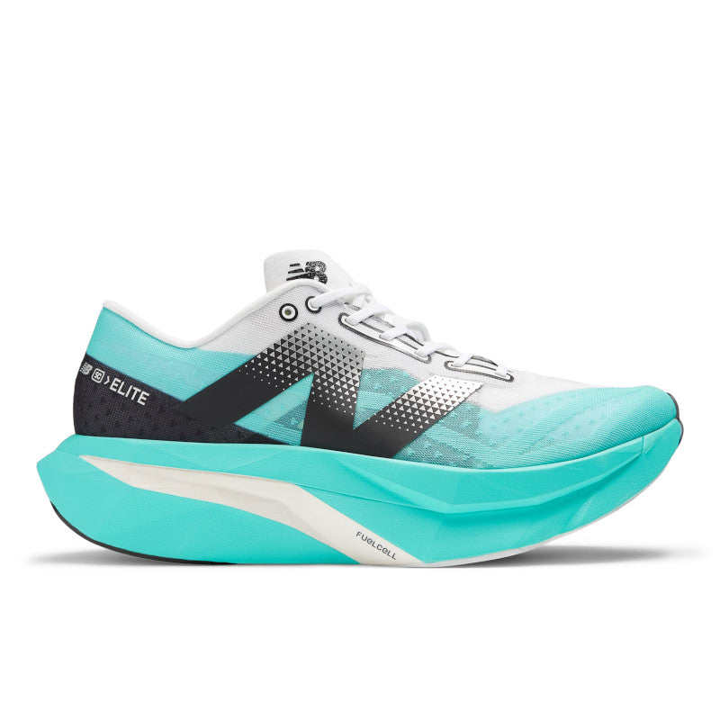 The medial side of this NB Elite 4 is mostly teal with some white on top