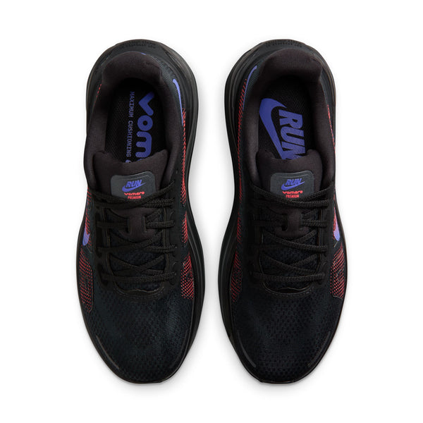 Black running shoes with colorful accents on a white background