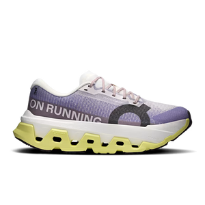 Purple, white and grass green running shoe with white sole on a transparent background.