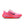 Pink running shoe with orange sole on a white background.