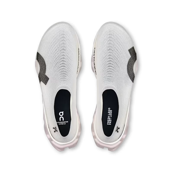 A pair of white and gray knit athletic shoes shown from a top-down view on a white background.