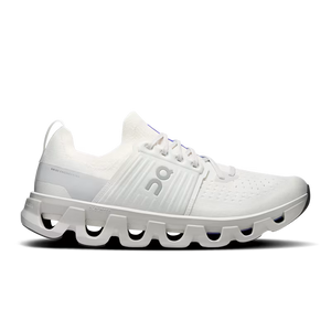 White athletic shoe with a unique sole design on a transparent background
