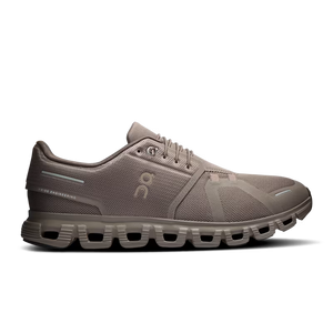 A single On running shoe in a taupe brown colorway, shown from the side against a solid white background. The shoe features a breathable mesh upper, a chunky sculpted sole with air pockets, and the On logo on the side.