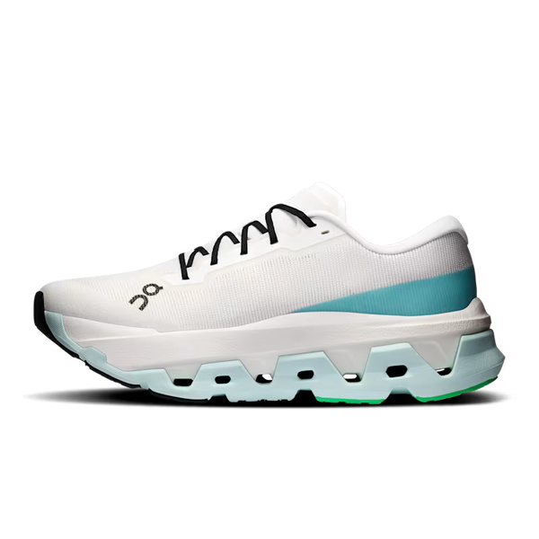 A white running shoe with a thick, sculpted chunky sole, black laces, a turquoise side accent, and a black outsole, shown from a side profile on a white background.