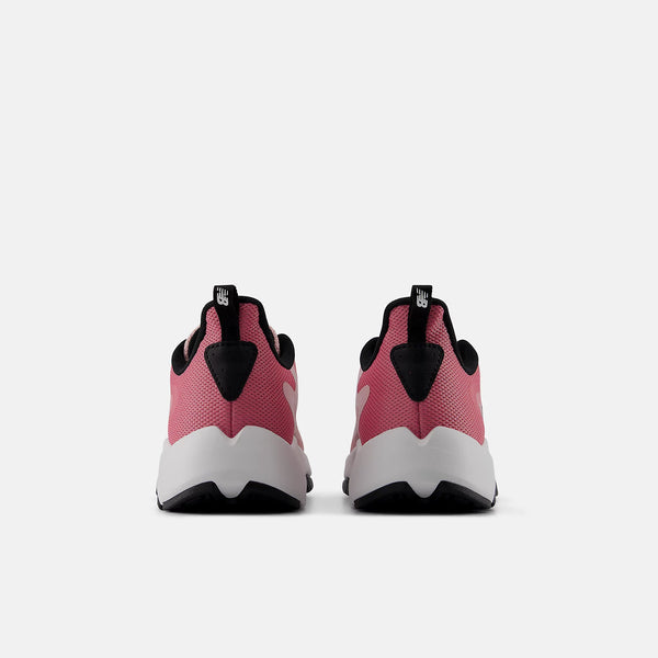 A pair of pink and black athletic sneakers shown from the back, featuring a textured pink mesh upper, black heel accents, and a chunky white and black sole, set against a plain light gray background.