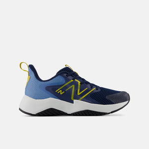A New Balance running shoe in navy blue, light blue, and white with neon yellow accents, shown from a side profile on a light gray background.