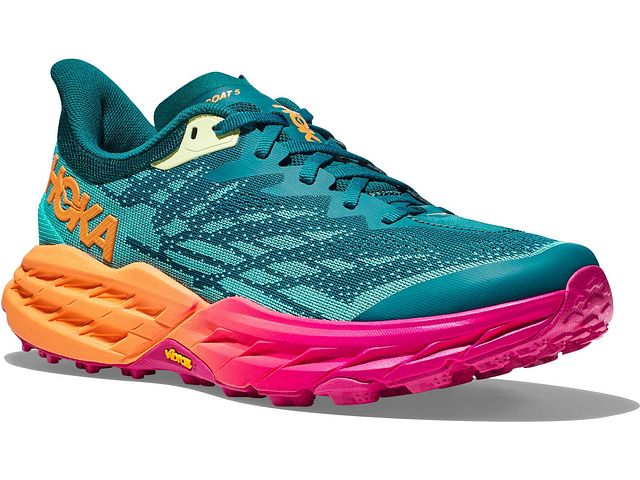Front angled view of the Women's Speedgoat 5 by HOKA in the color Deep Lake/Ceramic
