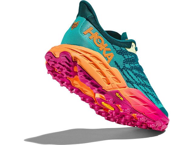 Back angled view of the Women's Speedgoat 5 by HOKA in the color Deep Lake/Ceramic