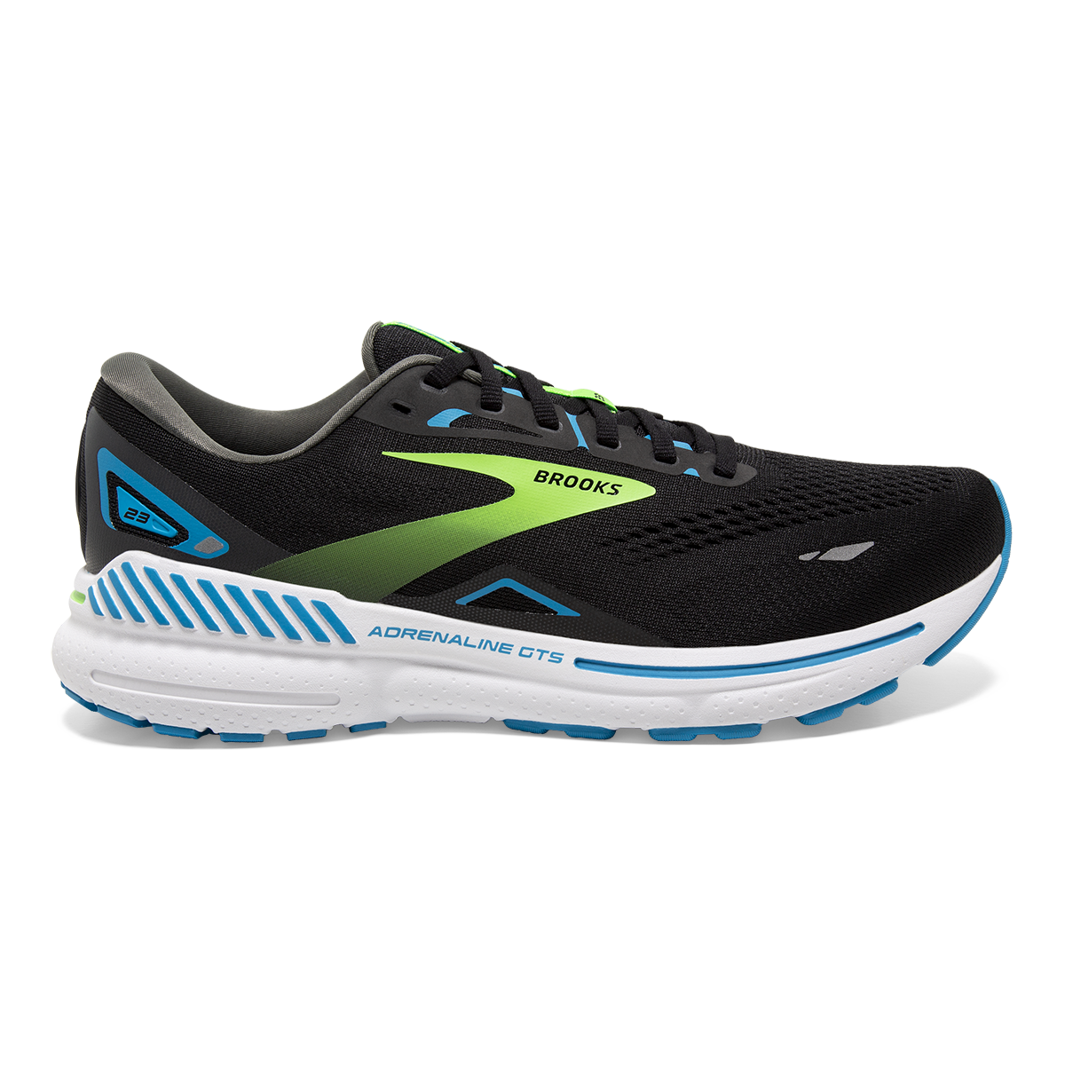 Lateral view of the Men's Adrenaline GTS 23 by Brook's in the color Black/Hawaiian Ocean/Green