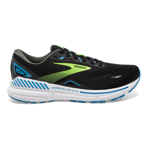 Lateral view of the Men's Adrenaline GTS 23 by Brook's in the color Black/Hawaiian Ocean/Green