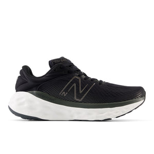 Black running shoe with white sole on a white background.