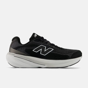 Black and white  New Balance running shoe with white sole on a white background.