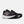 Black running shoes with white soles on a light gray background