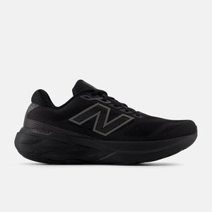 Black running shoe with New Balance logo on a white background