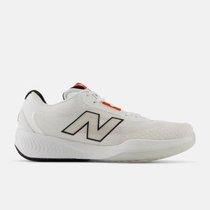 A white New Balance athletic shoe shown from the side profile against a light gray background. The shoe features a white mesh upper, a prominent gray 'N' logo outlined in black, a white midsole, and small orange accents near the laces and heel.