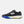 Black sports shoe with white and blue accents on a white background