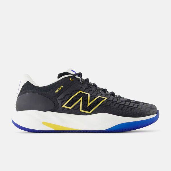 A New Balance court shoe in black with a textured pattern, featuring a yellow outlined 'N' logo, yellow 'FALCONET' text, a white midsole, and blue and yellow outsole accents, shown against a light gray background.