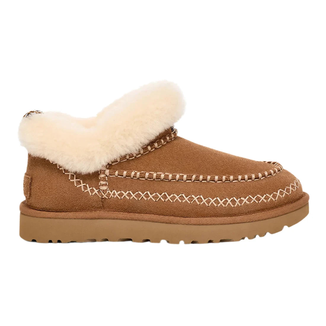 A plush genuine shearling collar displays signature UGG coziness on this low-profile suede bootie - Made with soft UGGplush™ lining, this ankle-high footwear features a lush sheepskin collar lining and Heritage stitching detail!