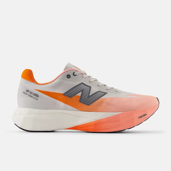 Orange and white running shoe on a white background