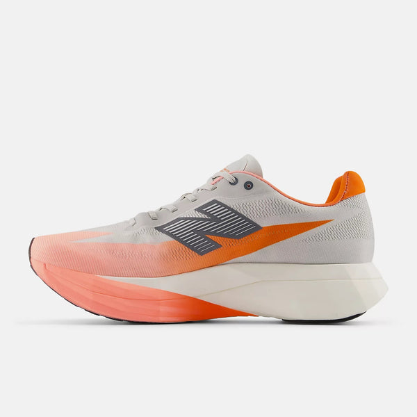 Orange and white running shoe on a white background