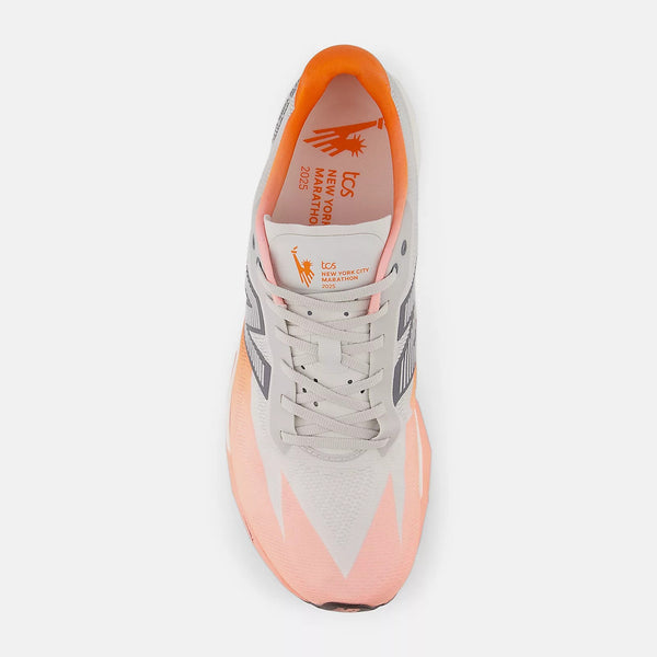 Orange and white running shoe on a white background