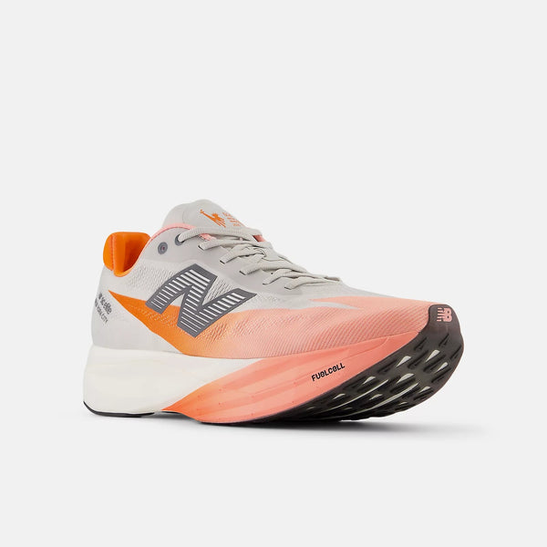 Orange and white running shoe on a white background