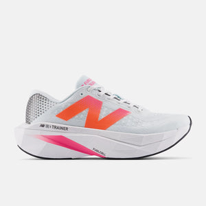 White running shoe with pink and orange accents on a white background