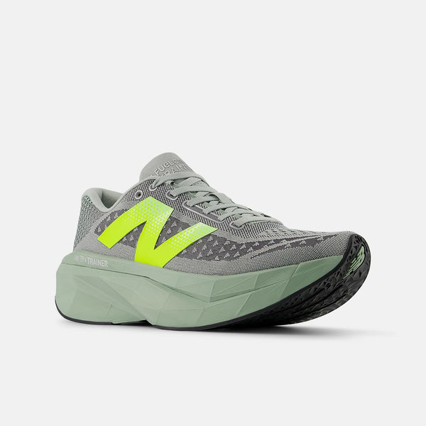 Gray running shoe with a bright green logo on a white background