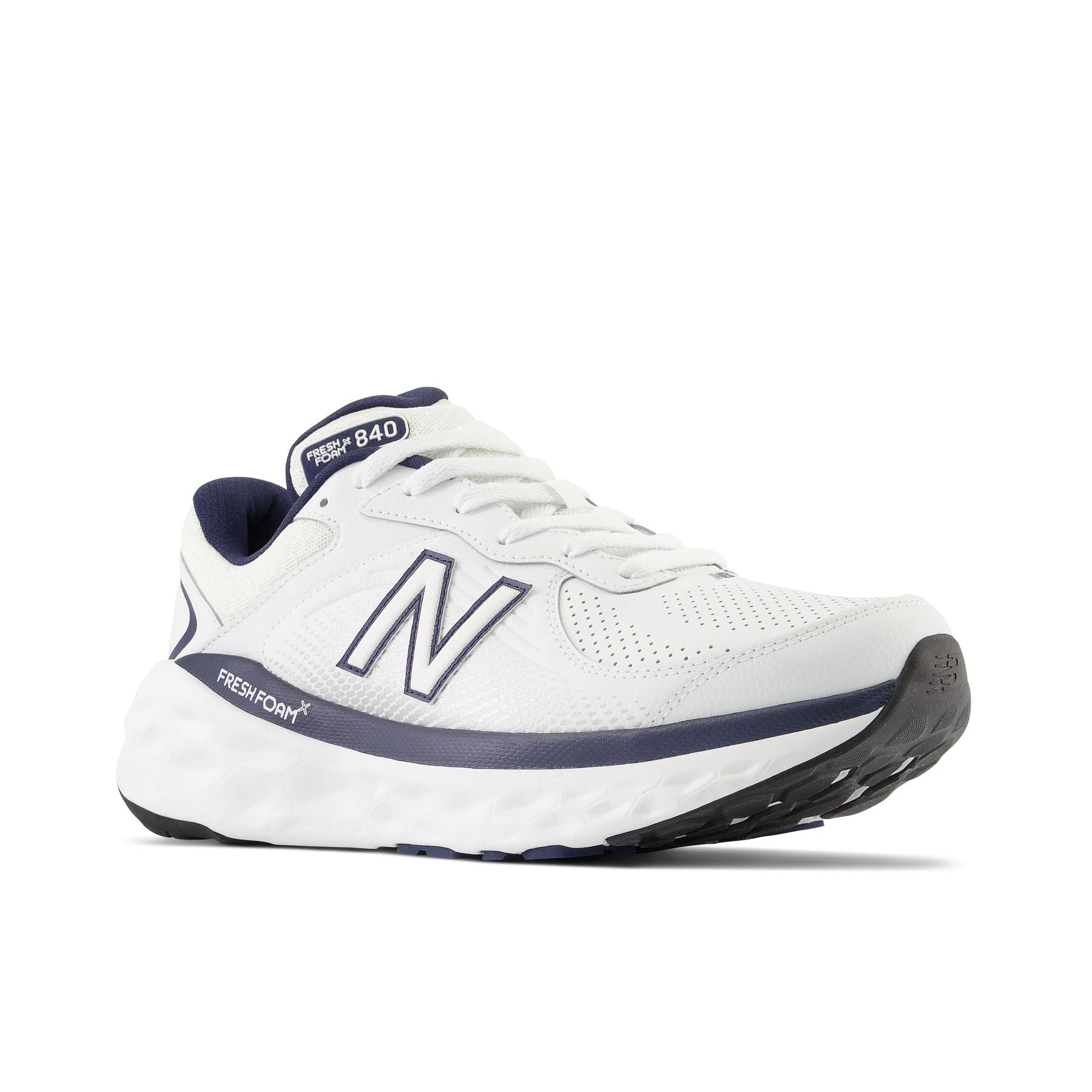 Front angle view of the Men's Leather New Balance MW840 V1 in White/Navy