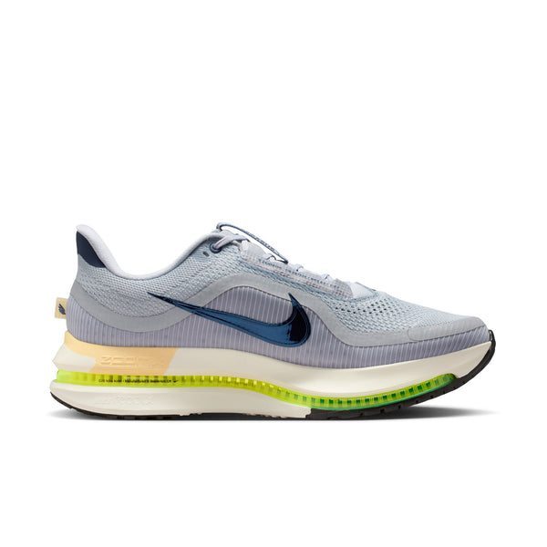 Gray running shoe with a blue swoosh logo on a white background