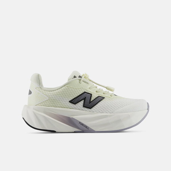 A New Balance running shoe in a light cream/off-white colorway with a black and white 'N' logo on the side, set against a solid light gray background.
